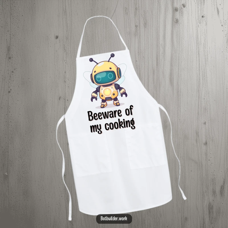 Funny robot bee wearing an apron, working with a glowing capacitor, perfect for a humorous kitchen activity.