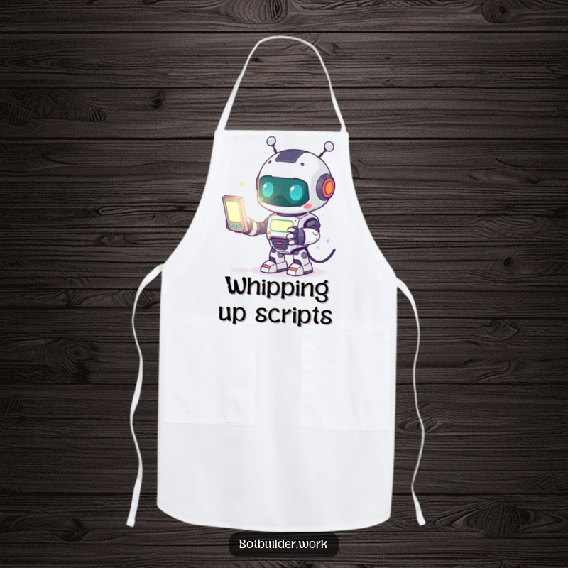 Funny Apron: A cute robot animal character excitedly programming a glowing screen, ideal for kitchen tech wizards.