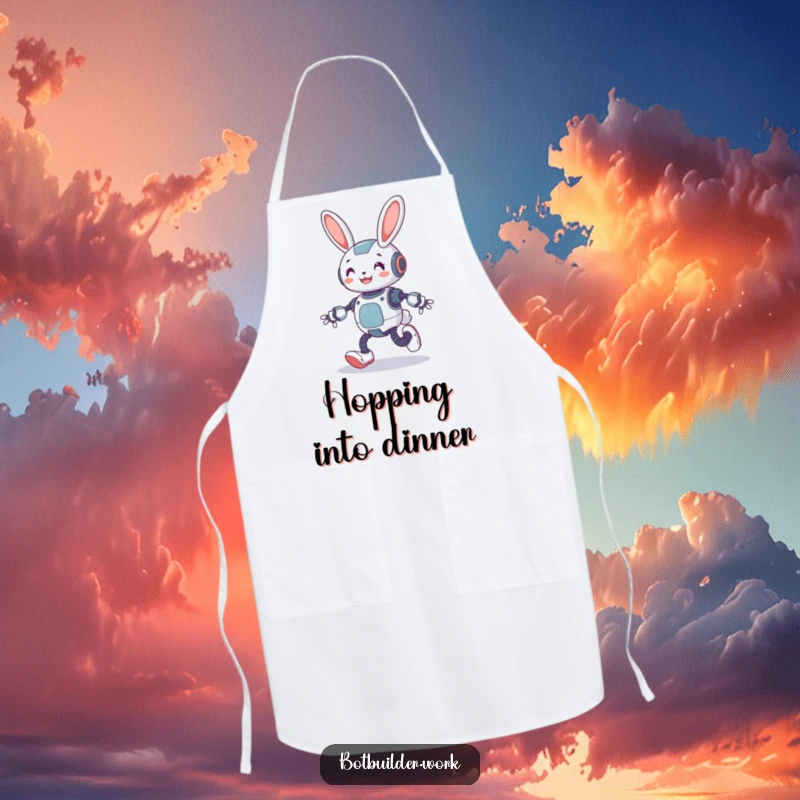 Funny robot rabbit wearing an apron, hopping with spring-loaded legs, perfect for a humorous cooking session.