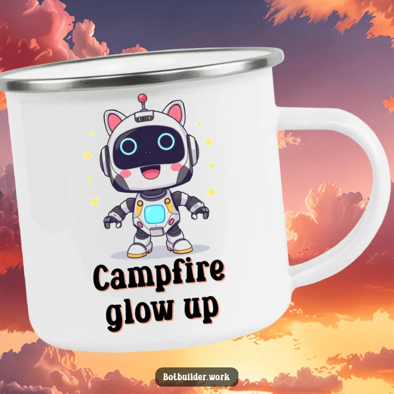 Funny Camping Mug: A cute robot animal character powering up with joyful blinking lights, perfect for powering outdoor adventures.