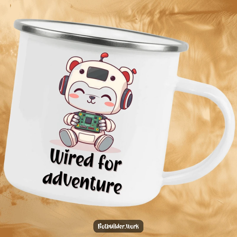 Funny Camping Mug: A cute robot animal character smiles, assembling a tiny circuit board, ready for outdoor tech adventures.