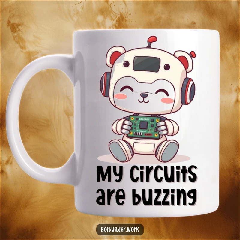 Funny Mug featuring a cute robot animal character smiling while assembling a tiny, intricate circuit board, showcasing its passion for electronics.