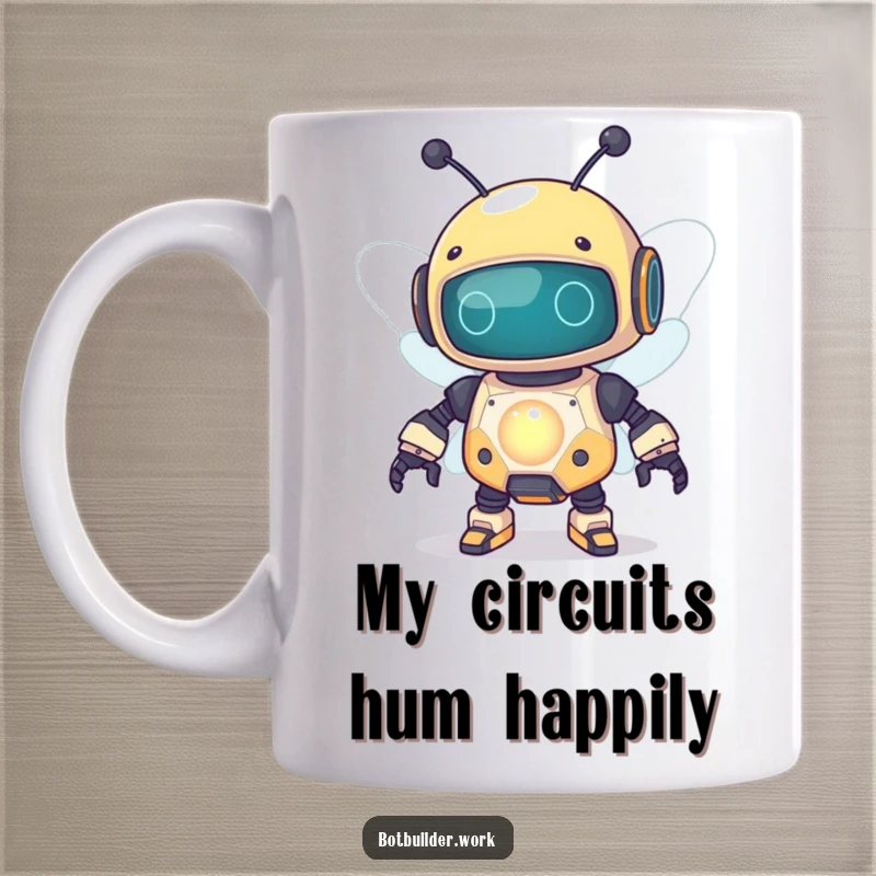 Funny robot bee character curiously buzzing around a bright, glowing capacitor, emitting quirky energy.