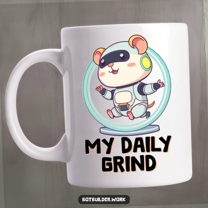 Funny robot hamster character diligently running inside a glowing wheel, symbolizing tireless effort.