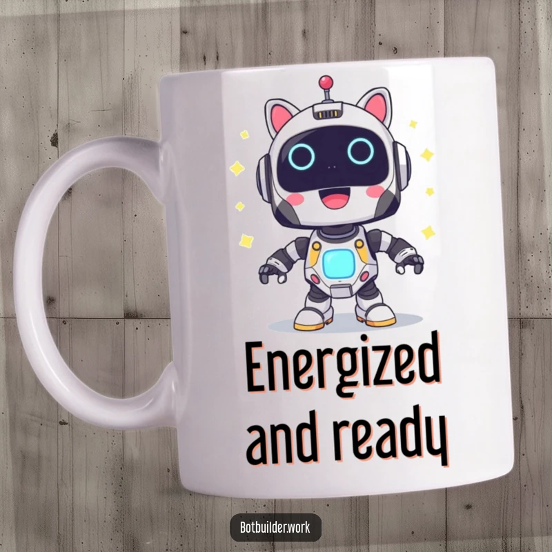 Funny Mug featuring a cute robot animal character powering up with brightly blinking lights, radiating positive energy.