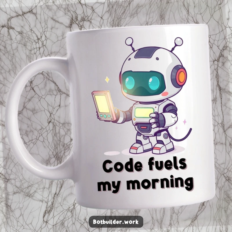 Funny Mug featuring a cute robot animal character excitedly programming a bright, glowing computer screen, radiating tech joy.
