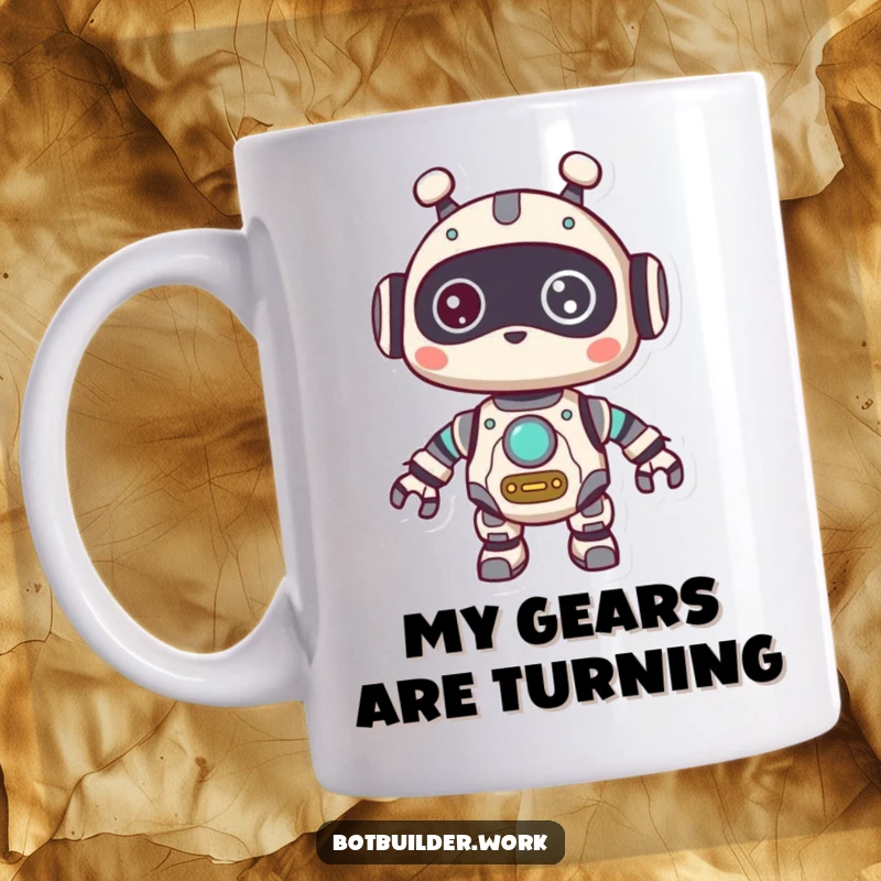 Funny Mug featuring a cute robot animal character with visible internal gears, looking around with a curious expression.