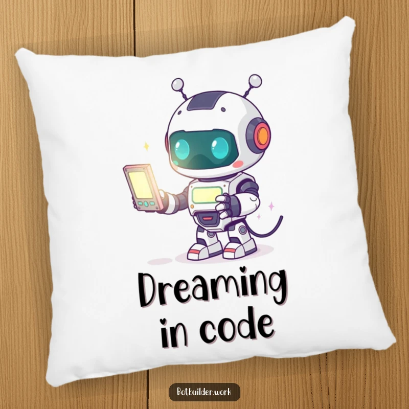 Funny Pillow: A cute robot animal character enthusiastically programming a luminous screen, offering soft, tech-themed comfort.