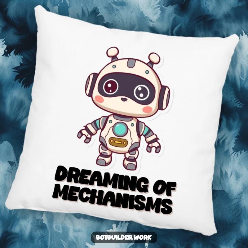 Funny Pillow: A cute robot animal character with visible gears, looking around with a curious expression, offering soft, thoughtful comfort.