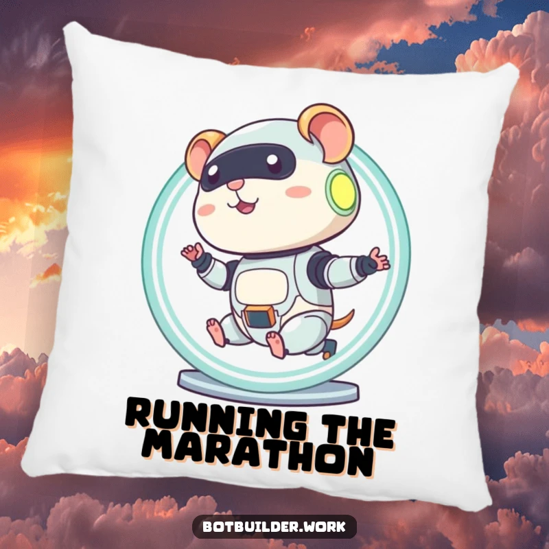 Funny robot hamster character printed on a soft pillow, running in a glowing wheel for a humorous touch.