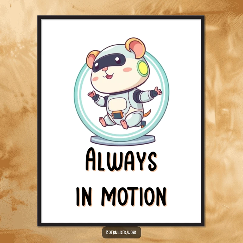 Funny robot hamster digital art print of a character running in a glowing wheel, full of diligent humor.