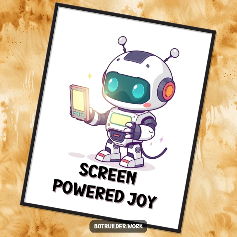 Funny Digital Art Print: A cute robot animal character enthusiastically programming a glowing screen, celebrating the art of code.