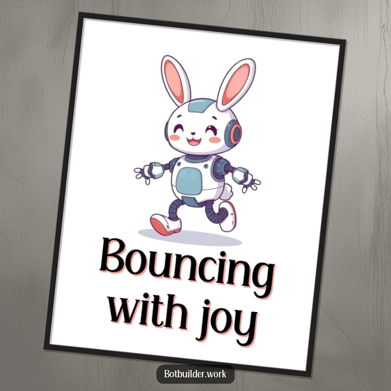 Funny robot rabbit digital art print of a character hopping with spring-loaded legs, full of cheerful humor.