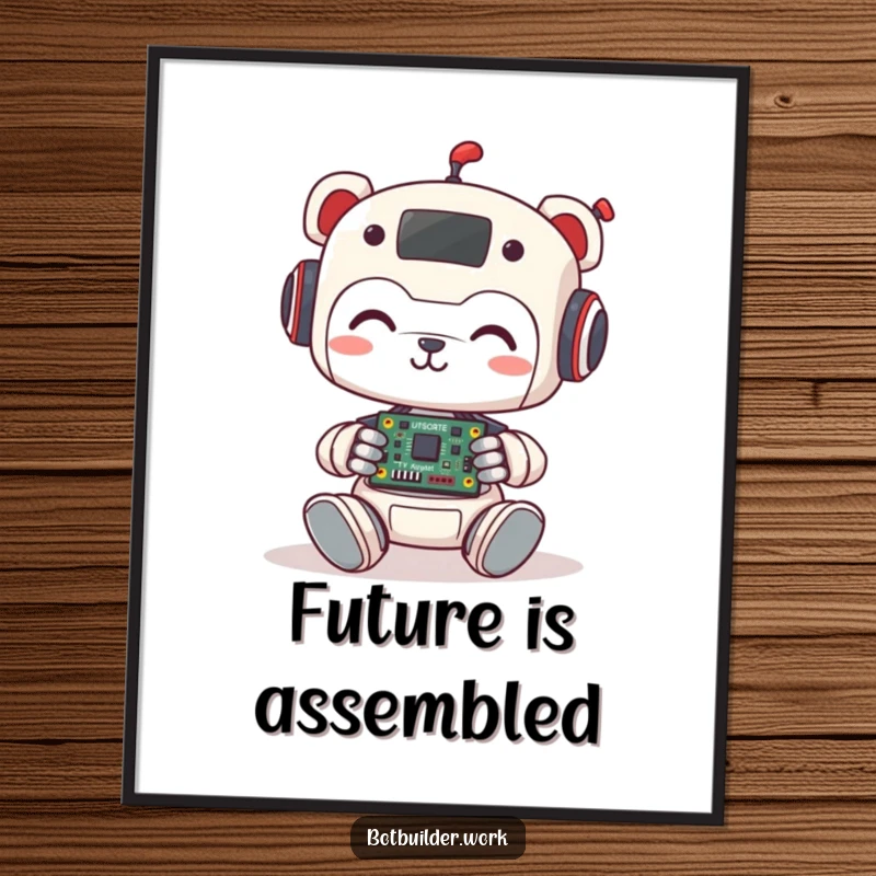 Funny Digital Art Print: Cute robot animal character smiles while meticulously assembling a tiny circuit board, a joyful celebration of invention.