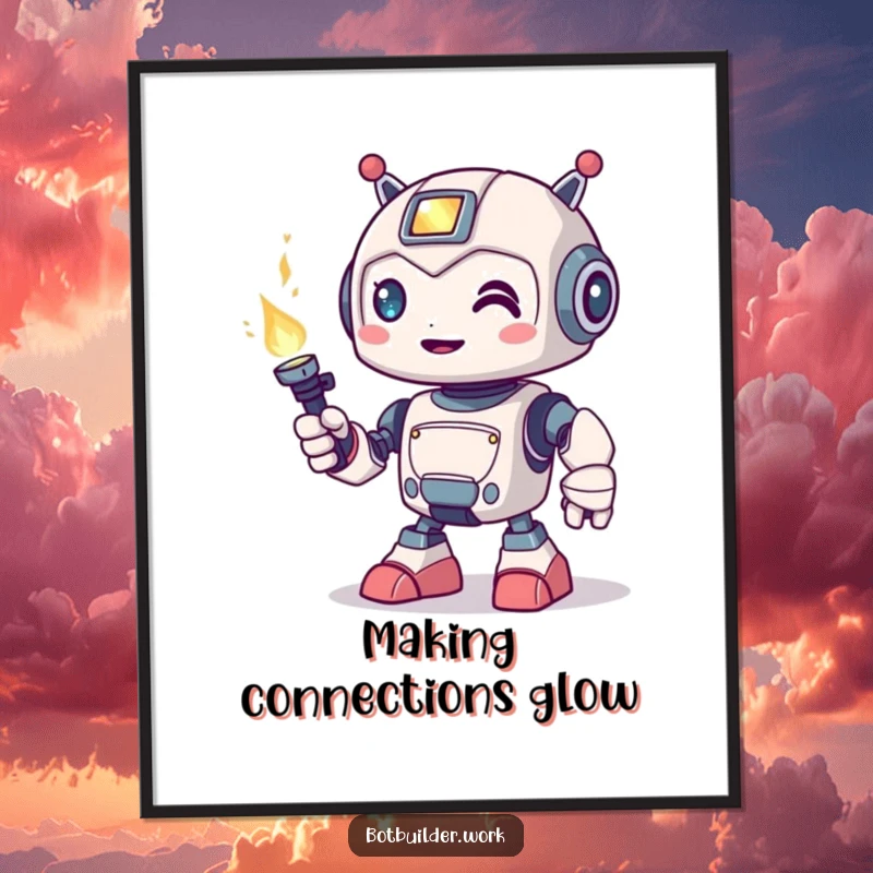 Funny Digital Art Print: A cute robot animal character playfully holding a welding torch, symbolizing invention and creative energy.