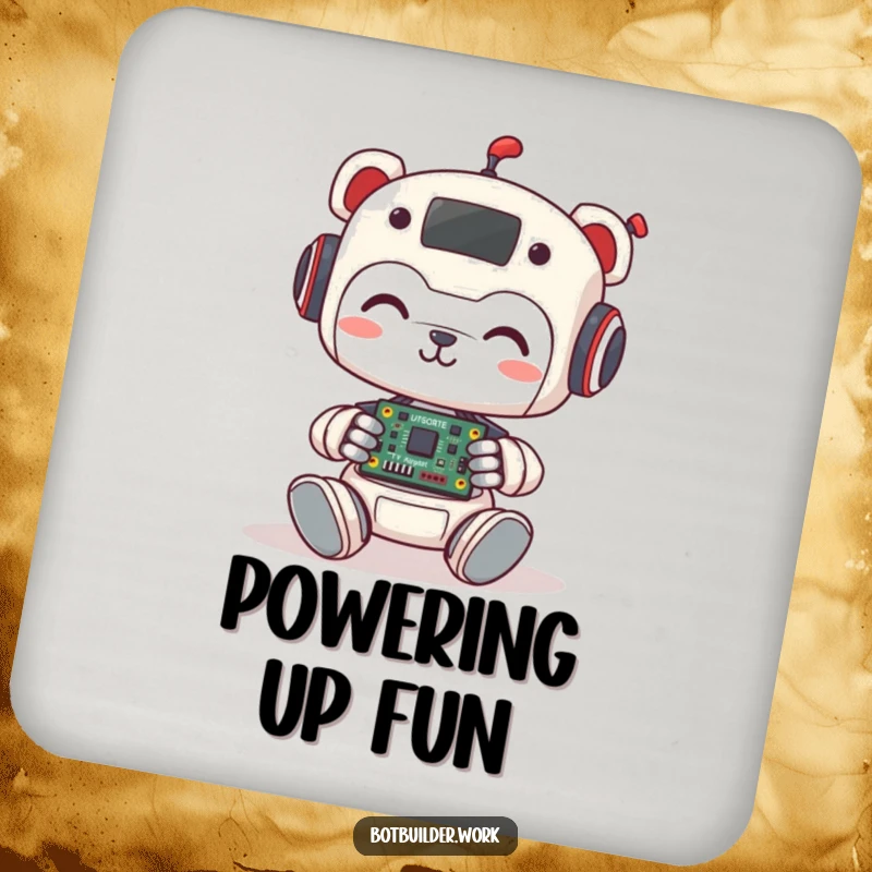 Funny Coaster: Cute robot animal character smiles while assembling a tiny circuit board, a charming piece of tech-themed home decor.