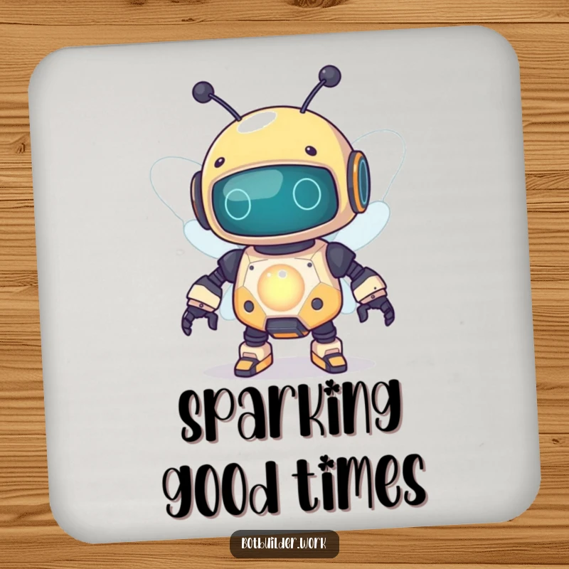 Funny robot bee character printed on a drink coaster, buzzing near a glowing capacitor for decorative humor.