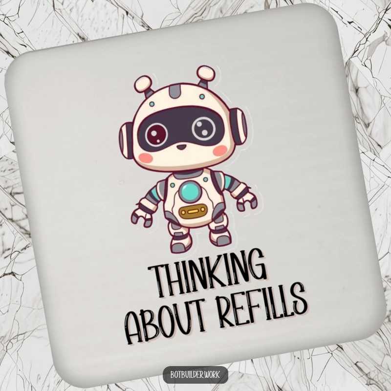 Funny Coaster: A cute robot animal character with visible gears, looking around with a curious expression, adding thoughtful decor.