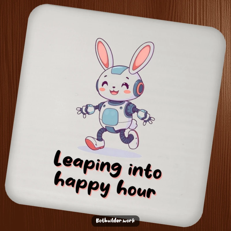 Funny robot rabbit character printed on a drink coaster, hopping with spring-loaded legs for decorative humor.
