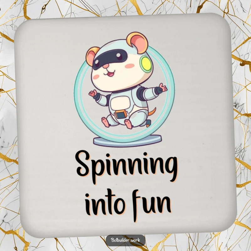 Funny robot hamster character printed on a drink coaster, running in a glowing wheel for decorative humor.