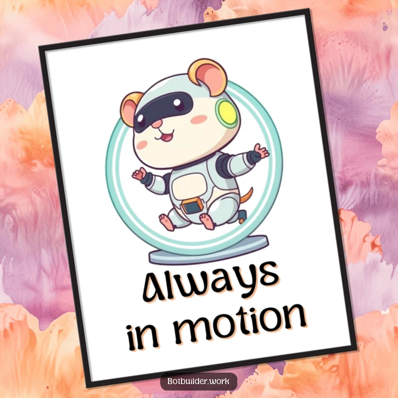 Funny robot hamster artfully depicted running in a glowing wheel, radiating dedication and humor.