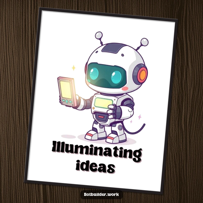 Funny Poster: A cute robot animal character enthusiastically engaged with a brightly glowing programming screen, celebrating digital creation.