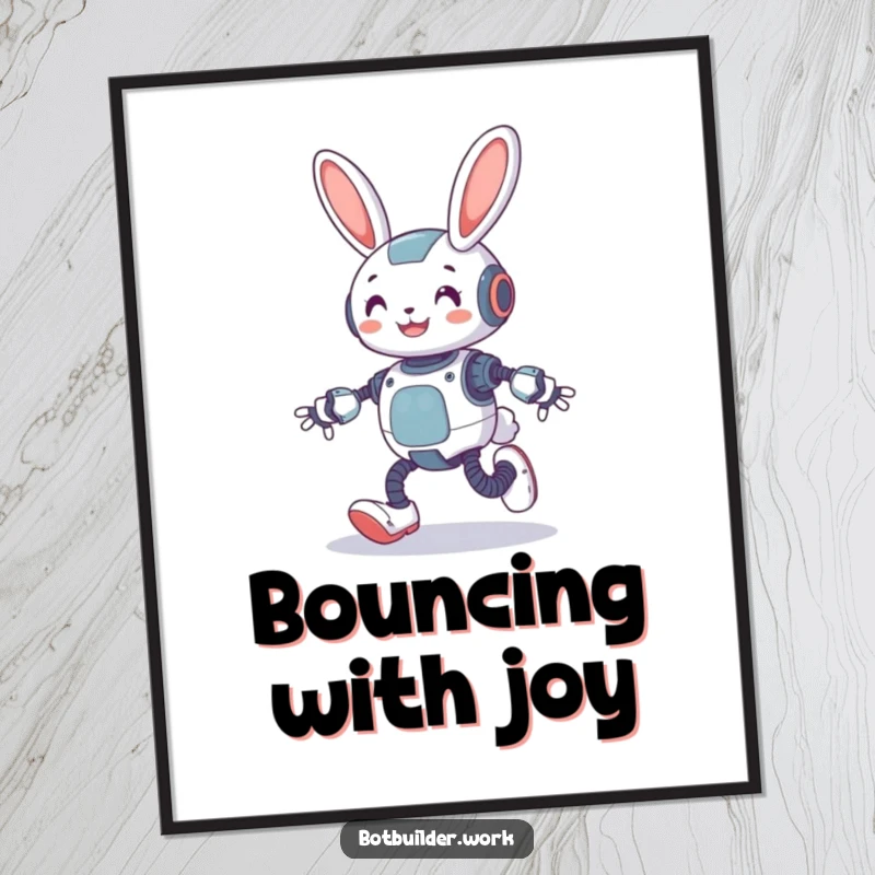 Funny robot rabbit artfully depicted hopping with spring-loaded legs, radiating happiness and playful humor.