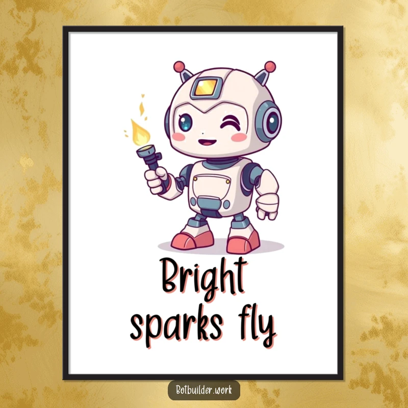 Funny Poster: A cute robot animal character playfully holds a welding torch, symbolizing creation and hands-on artistry.