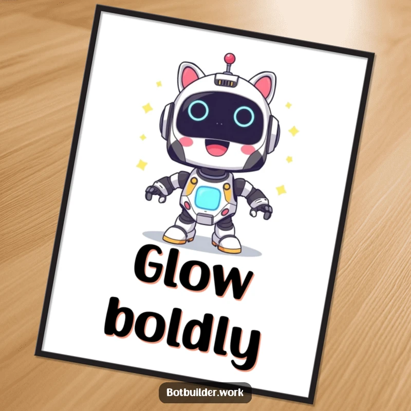 Funny Poster: A cute robot animal character powering up, its body aglow with joyful, blinking lights, representing energy and excitement.