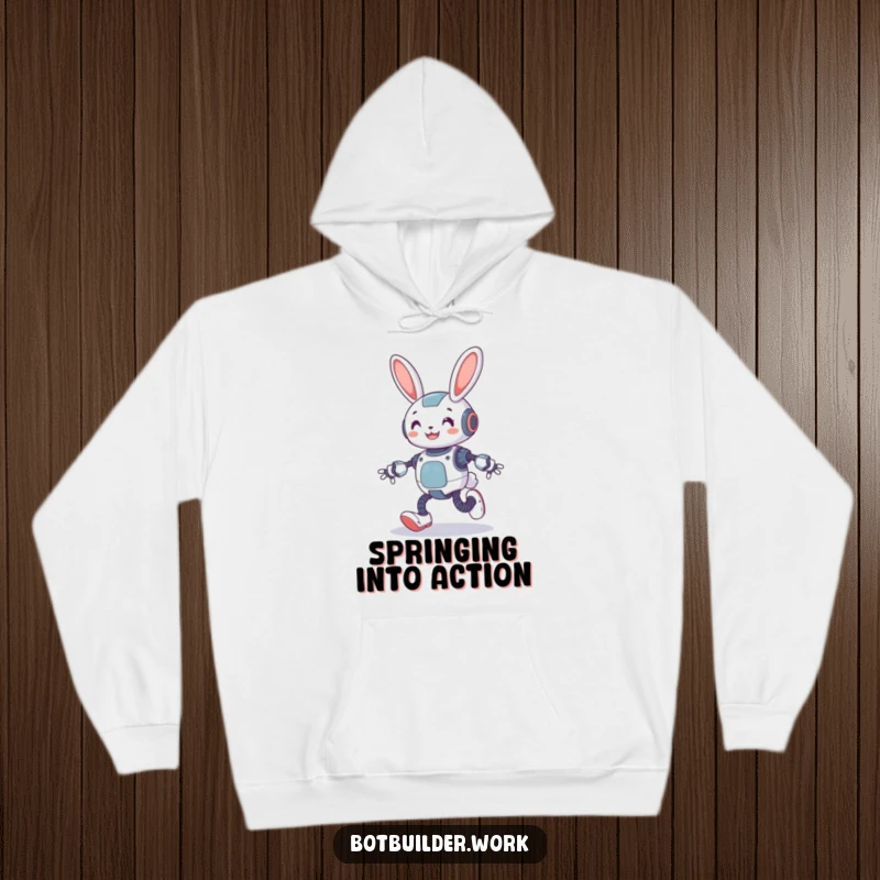 Funny robot rabbit design on a cozy hoodie, hopping with spring-loaded legs for a cheerful vibe.
