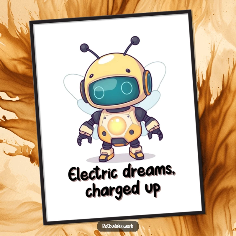 Funny Free Printable Wall Art: A curious robot bee character with glowing wires, buzzing energetically around a bright capacitor, bringing quirky charm.