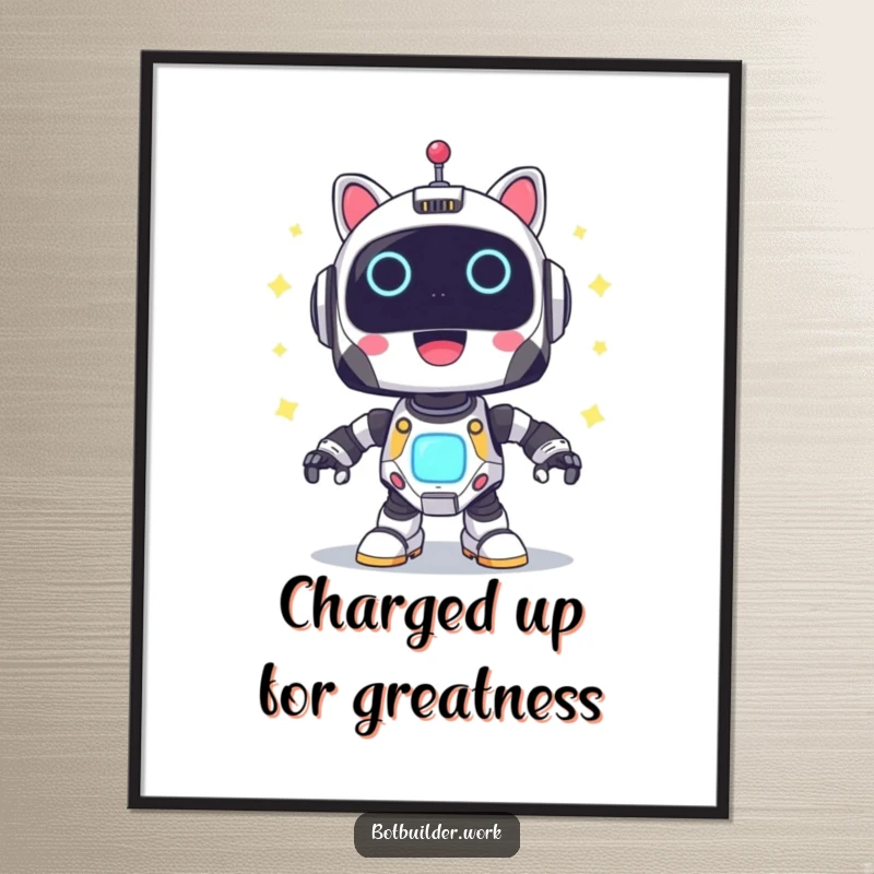 Funny Free Printable Robot Animal Wall Art: Robot powering up with joyful blinking lights, creating a vibrant and cheerful atmosphere.
