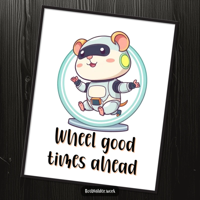 Funny Free Printable Wall Art: A diligent robot hamster character with metallic sheen, running at full speed in a brightly glowing hamster wheel.