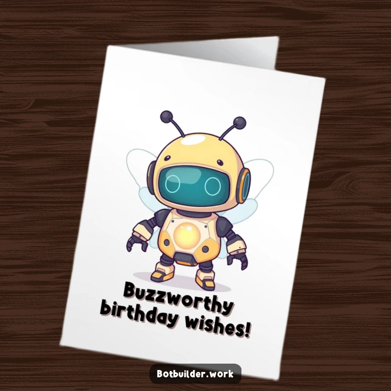 Funny Free Printable Birthday Card: Curious robot bee with circuits buzzing around a glowing capacitor, ready to deliver birthday wishes.