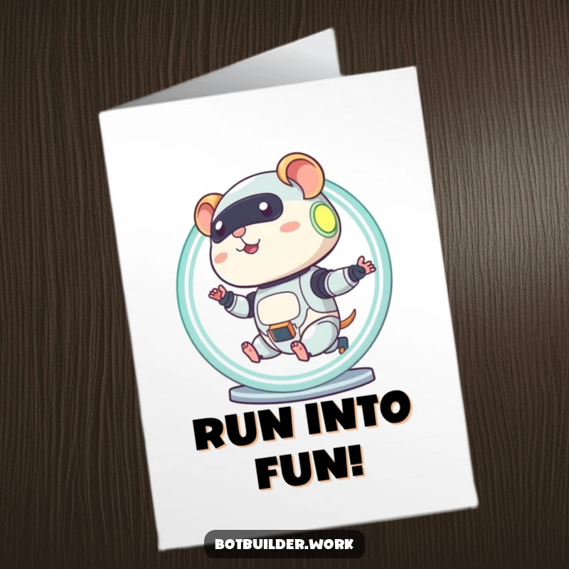 Funny Free Printable Birthday Card: Diligent robot hamster furiously running in a glowing wheel, delivering birthday cheer at full speed.