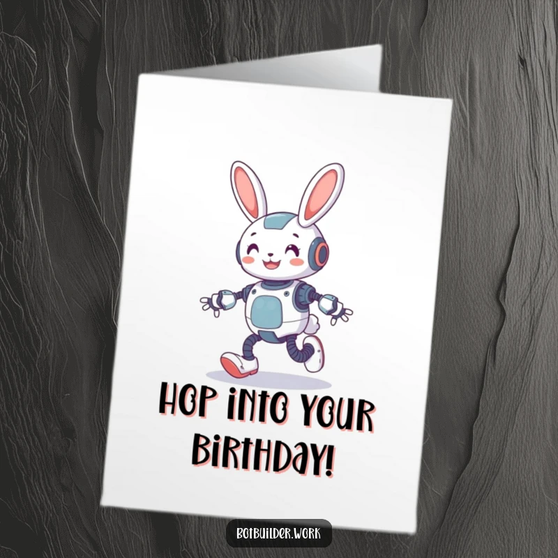 Funny Free Printable Birthday Card: A smiling robot rabbit with spring-loaded legs, hopping high to deliver birthday wishes with robotic glee.