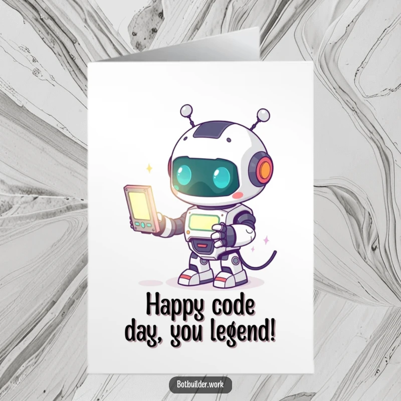 Funny Free Printable Robot Animal Card: Robot programmer excitedly coding on a glowing screen, perfect for birthday laughs.