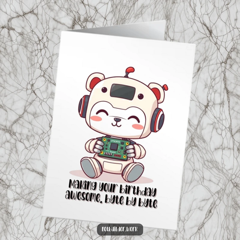 Funny Free Printable Robot Animal Card: Cute character smiling while assembling a tiny circuit board, perfect for DIY gifting.