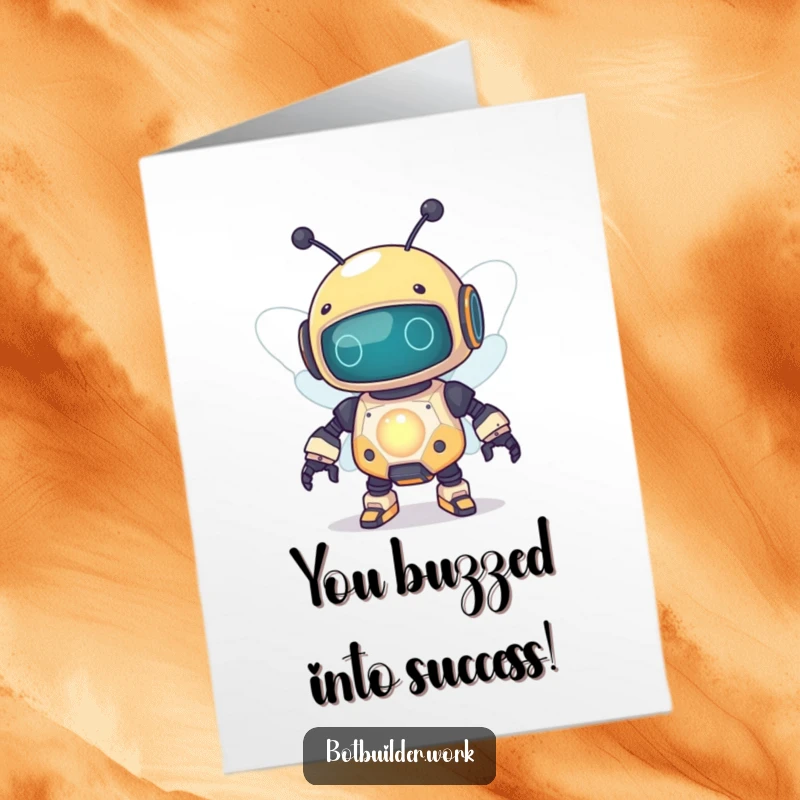 Funny Free Printable Congratulations Card: Excited robot bee buzzing around a glowing capacitor, celebrating a fantastic achievement with energy.