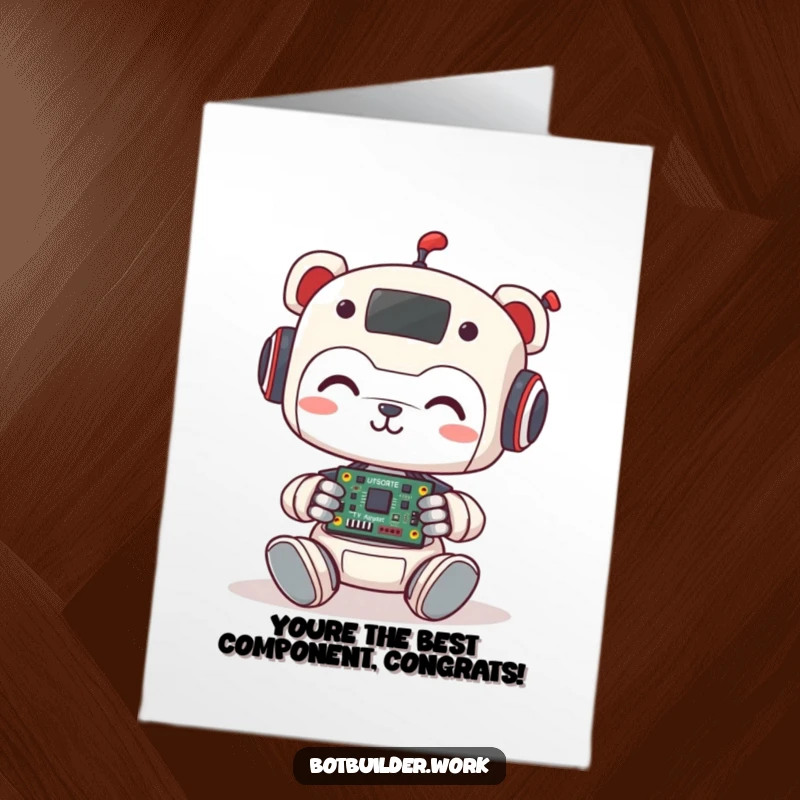 Funny Free Printable Robot Animal Card: Cheerful robot character assembling a circuit board, celebrating success with a smile.