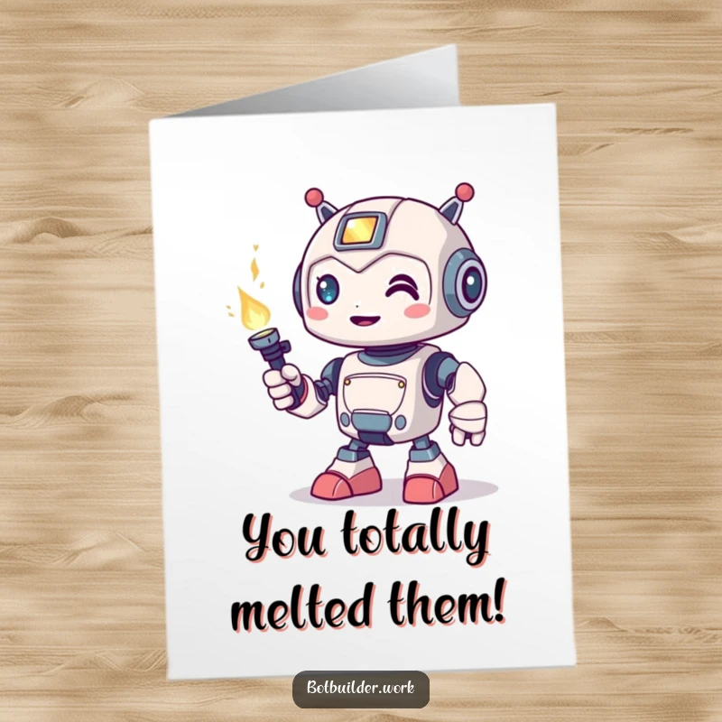 Funny Free Printable Robot Animal Card: Robot holding a welding torch with a playful grin, celebrating success boldly.
