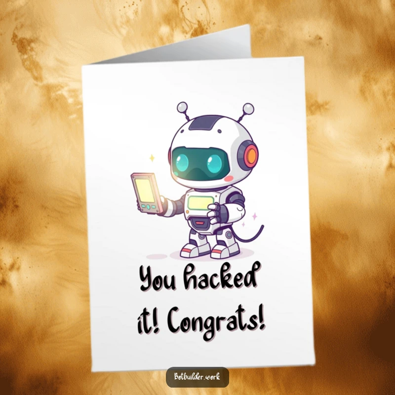 Funny Free Printable Robot Animal Card: Robot programmer focused on a glowing screen, celebrating achievements with joy.