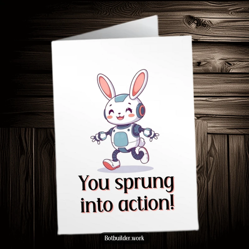 Funny Free Printable Congratulations Card: Smiling robot rabbit using spring-loaded legs to hop high, celebrating a fantastic win with joy.