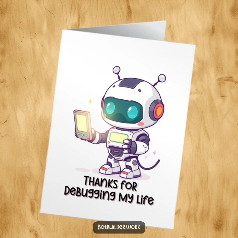 Funny Free Printable Robot Animal Card: Robot programmer coding on a bright screen, showing thanks with enthusiasm.