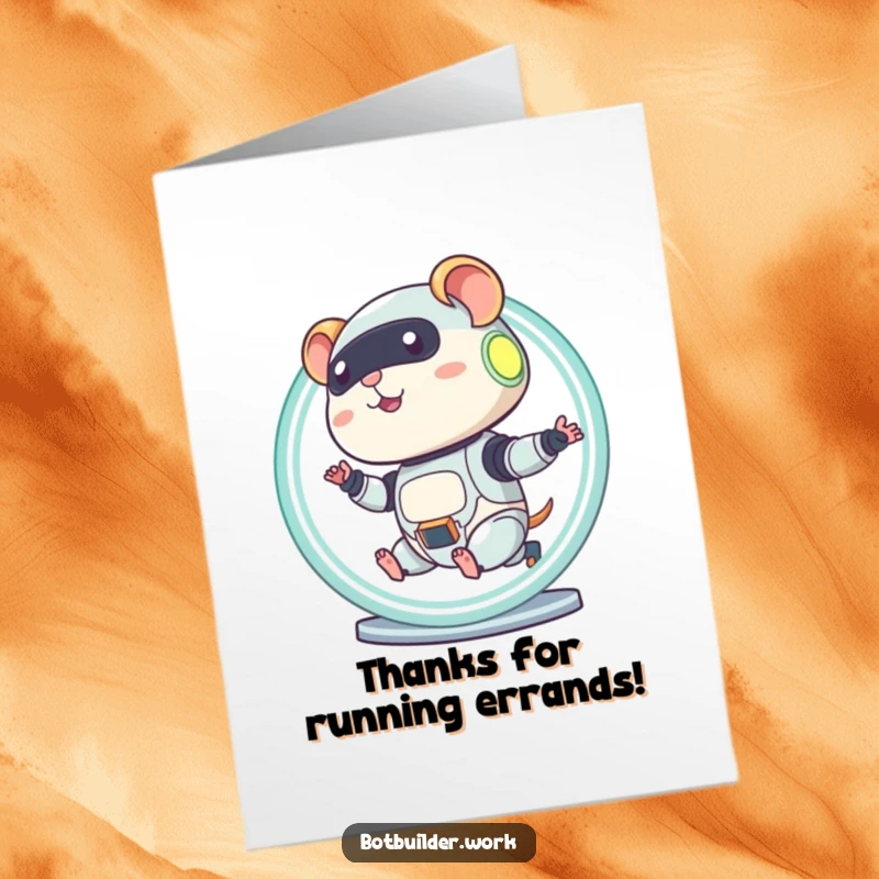 Funny Free Printable Thank You Card: A diligent robot hamster running in a glowing wheel, offering thanks with cheerful mechanical paws.