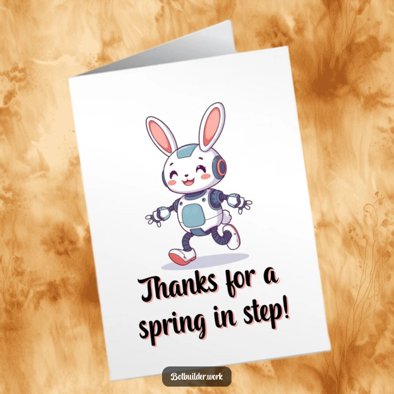 Funny Free Printable Thank You Card: A smiling robot rabbit with mechanical spring legs, hopping to deliver a heartfelt thank you note.