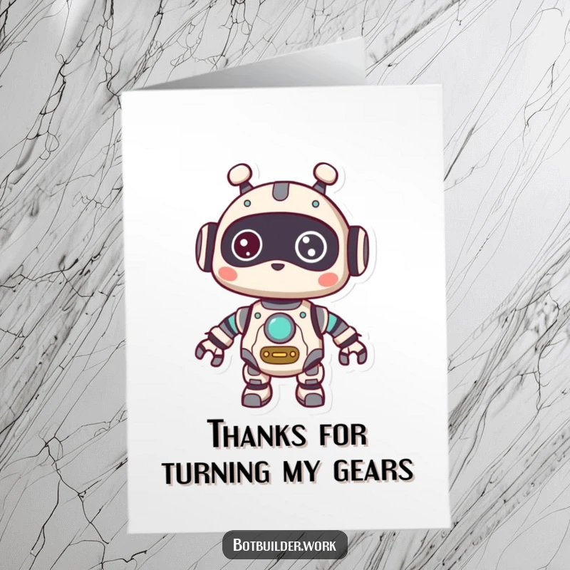 Funny Free Printable Robot Animal Card: Robot with gears showing, looking curious, sending a thank you with intrigue.