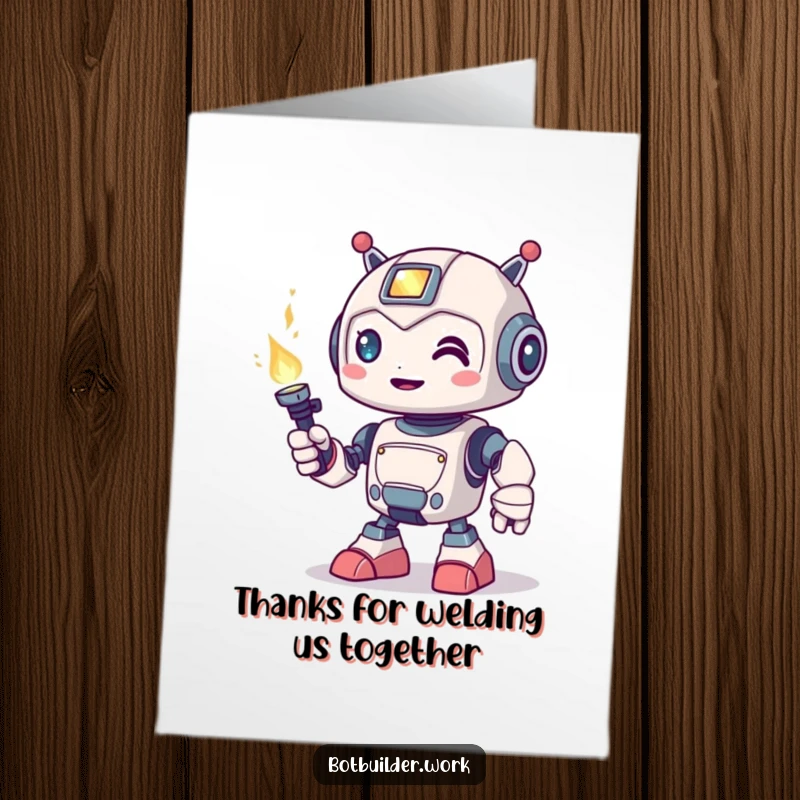 Funny Free Printable Robot Animal Card: Robot with a welding torch, smiling playfully, expressing thanks with energy.