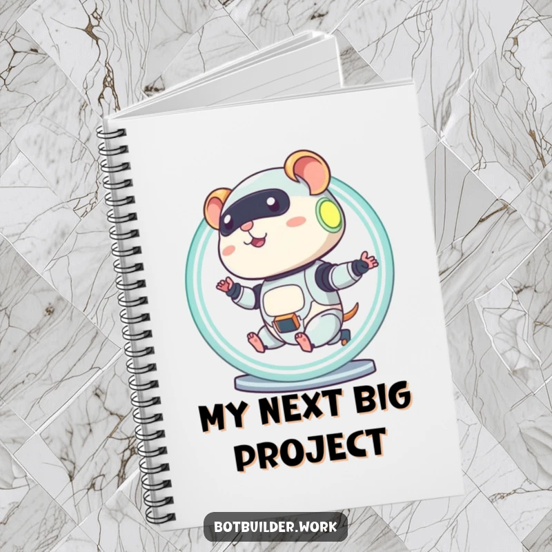 Funny robot hamster character on a notebook cover, running in a glowing wheel, ready for diligent note-taking.