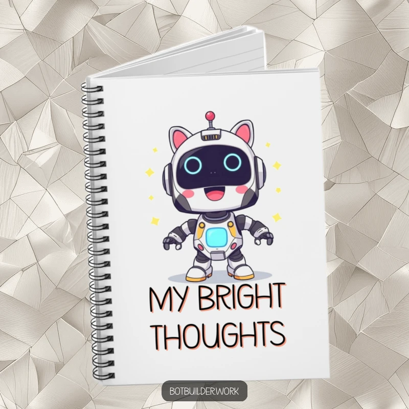 Funny Notebook: A cute robot animal character powering up with joyful blinking lights, perfect for capturing bright ideas.